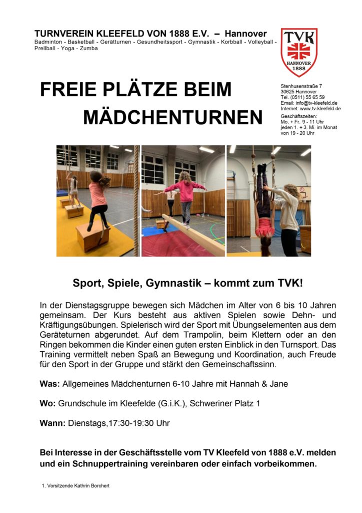 Freie Plätze beim allgemeinen Mädchenturnen